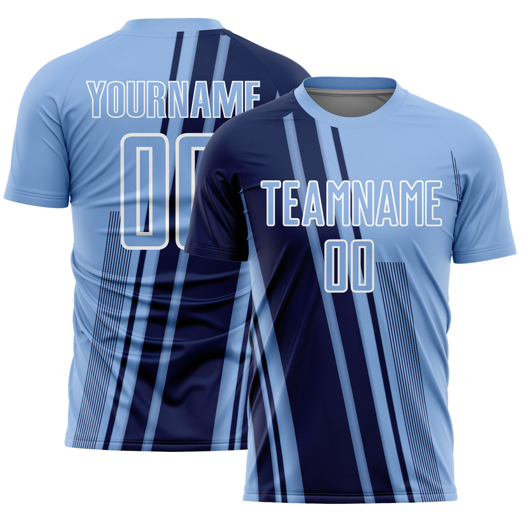 Custom Light Blue Navy-White Lines Sports Sublimation Soccer Uniform Jersey