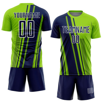 Custom Neon Green Navy-White Lines Sports Sublimation Soccer Uniform Jersey