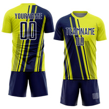 Laden Sie das Bild in den Galerie-Viewer, Custom Neon Yellow Navy-White Lines Sports Sublimation Soccer Uniform Jersey
