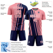 Laden Sie das Bild in den Galerie-Viewer, Custom Medium Pink Navy-White Lines Sports Sublimation Soccer Uniform Jersey
