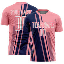 Laden Sie das Bild in den Galerie-Viewer, Custom Medium Pink Navy-White Lines Sports Sublimation Soccer Uniform Jersey
