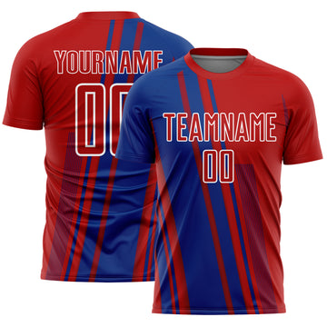Custom Red Royal-White Lines Sports Sublimation Soccer Uniform Jersey