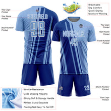 Laden Sie das Bild in den Galerie-Viewer, Custom Light Blue Royal-White Lines Sports Sublimation Soccer Uniform Jersey
