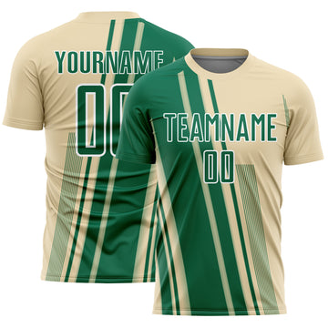 Custom Cream Kelly Green-White Lines Sports Sublimation Soccer Uniform Jersey