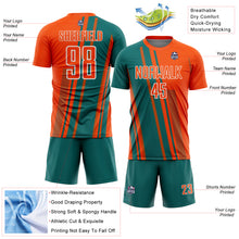 Laden Sie das Bild in den Galerie-Viewer, Custom Orange Teal-White Lines Sports Sublimation Soccer Uniform Jersey
