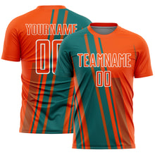 Laden Sie das Bild in den Galerie-Viewer, Custom Orange Teal-White Lines Sports Sublimation Soccer Uniform Jersey
