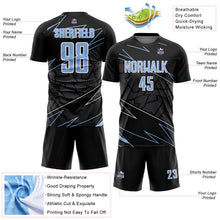 Laden Sie das Bild in den Galerie-Viewer, Custom Black Light Blue-White Lines Sports Sublimation Soccer Uniform Jersey
