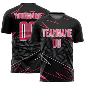 Custom Black Neon Pink-White Lines Sports Sublimation Soccer Uniform Jersey