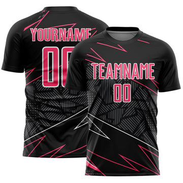 Custom Black Neon Pink-White Lines Sports Sublimation Soccer Uniform Jersey