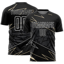 Laden Sie das Bild in den Galerie-Viewer, Custom Black Cream-White Lines Sports Sublimation Soccer Uniform Jersey
