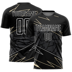 Custom Black Cream-White Lines Sports Sublimation Soccer Uniform Jersey