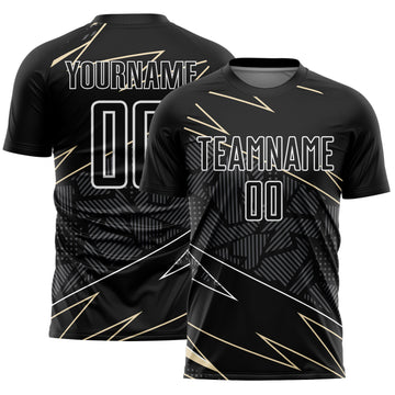 Custom Black Cream-White Lines Sports Sublimation Soccer Uniform Jersey