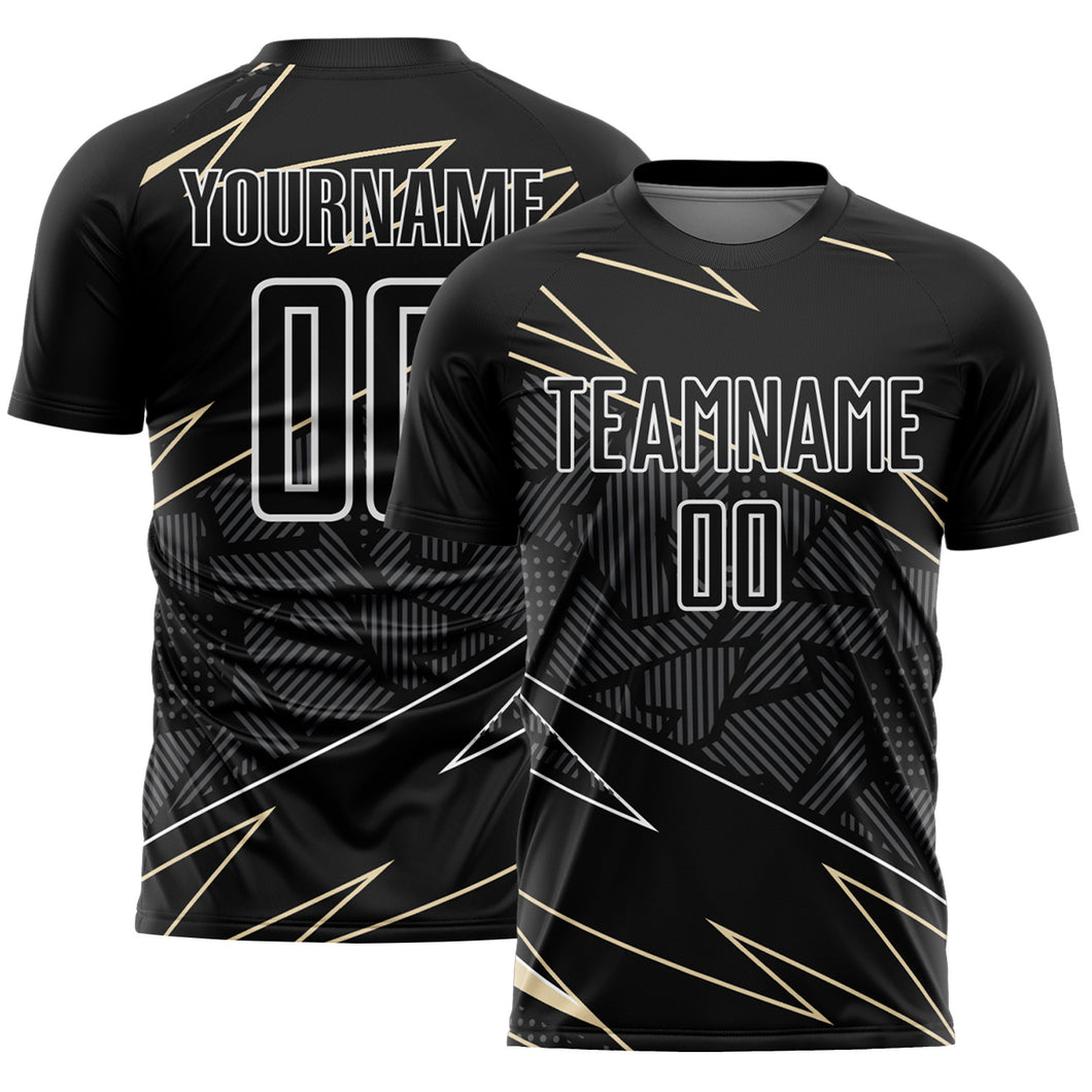 Custom Black Cream-White Lines Sports Sublimation Soccer Uniform Jersey