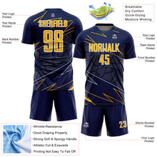 Laden Sie das Bild in den Galerie-Viewer, Custom Navy Gold-White Lines Sports Sublimation Soccer Uniform Jersey
