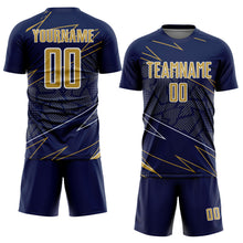 Laden Sie das Bild in den Galerie-Viewer, Custom Navy Old Gold-White Lines Sports Sublimation Soccer Uniform Jersey
