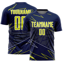 Laden Sie das Bild in den Galerie-Viewer, Custom Navy Neon Yellow-White Lines Sports Sublimation Soccer Uniform Jersey
