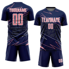 Laden Sie das Bild in den Galerie-Viewer, Custom Navy Medium Pink-White Lines Sports Sublimation Soccer Uniform Jersey
