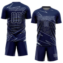 Laden Sie das Bild in den Galerie-Viewer, Custom Navy Silver Lines Sports Sublimation Soccer Uniform Jersey
