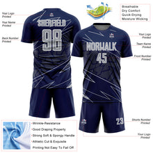 Laden Sie das Bild in den Galerie-Viewer, Custom Navy Gray-White Lines Sports Sublimation Soccer Uniform Jersey

