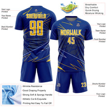 Load image into Gallery viewer, Custom Royal Yellow-White Lines Sports Sublimation Soccer Uniform Jersey
