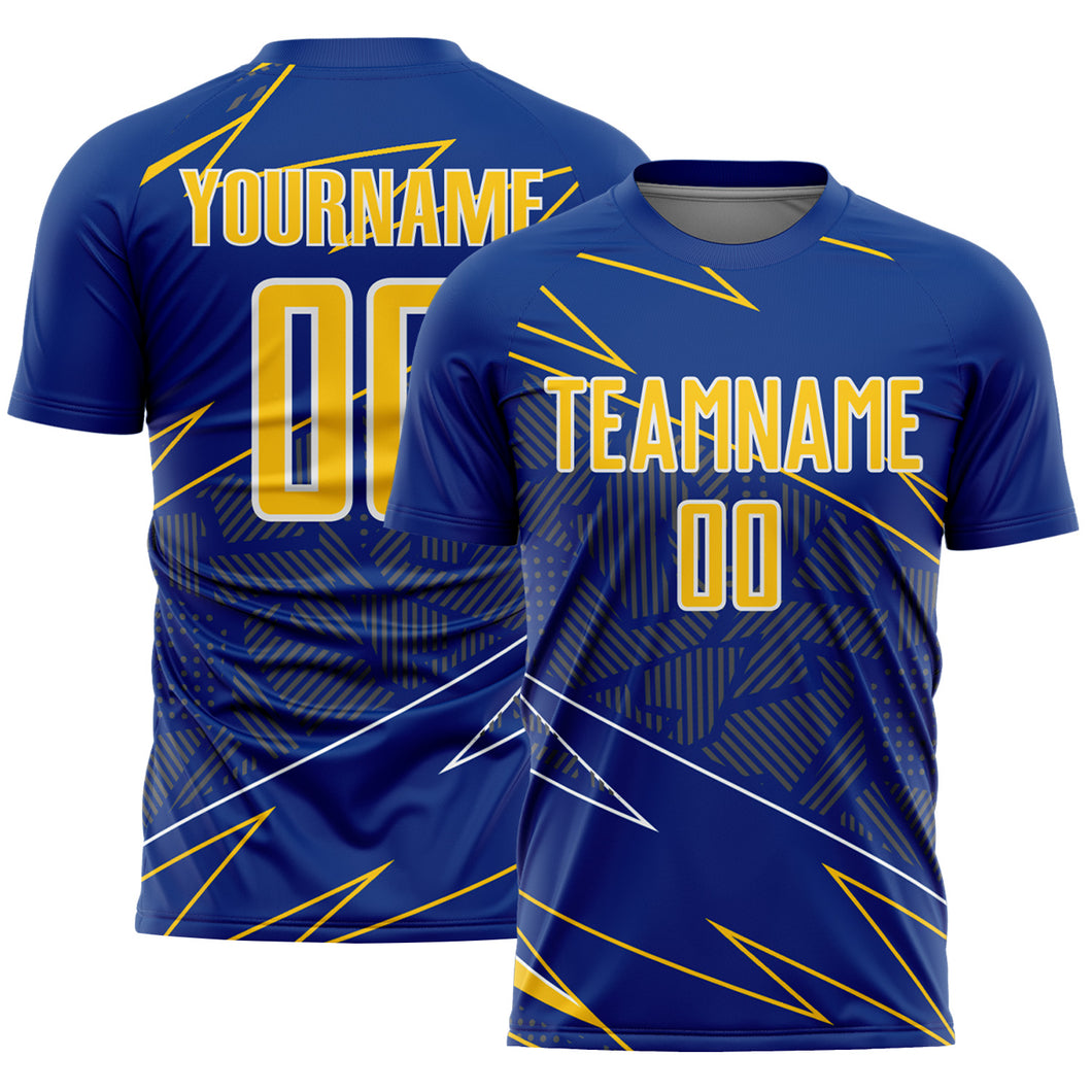 Custom Royal Yellow-White Lines Sports Sublimation Soccer Uniform Jersey
