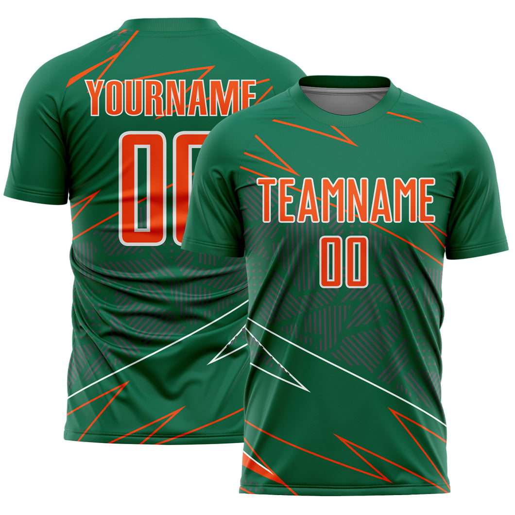 Custom Kelly Green Orange-White Lines Sports Sublimation Soccer Uniform Jersey