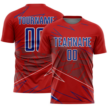 Custom Red Royal-White Lines Sports Sublimation Soccer Uniform Jersey
