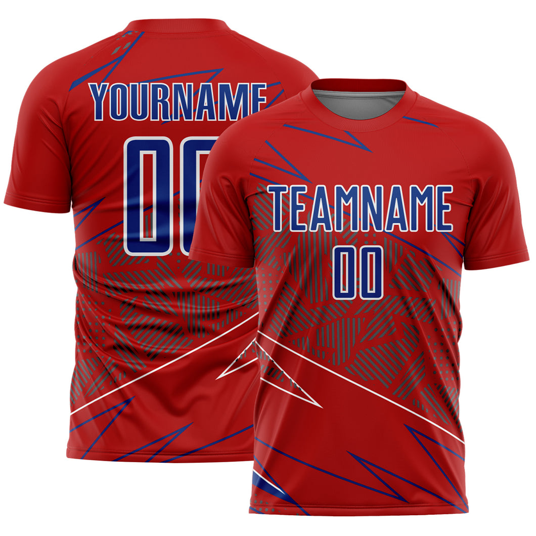 Custom Red Royal-White Lines Sports Sublimation Soccer Uniform Jersey