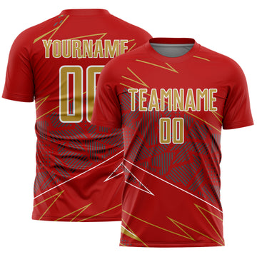 Custom Red Old Gold-White Lines Sports Sublimation Soccer Uniform Jersey
