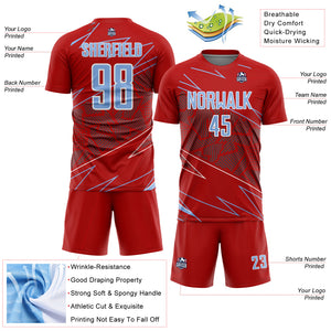 Custom Red Light Blue-White Lines Sports Sublimation Soccer Uniform Jersey