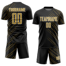 Laden Sie das Bild in den Galerie-Viewer, Custom Black Old Gold-White Lines Sports Sublimation Soccer Uniform Jersey
