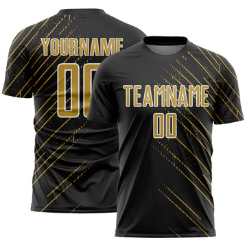 Custom Black Old Gold-White Lines Sports Sublimation Soccer Uniform Jersey