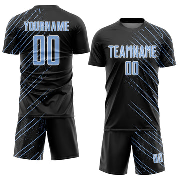 Custom Black Light Blue-White Lines Sports Sublimation Soccer Uniform Jersey