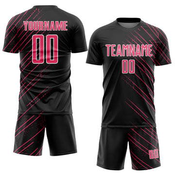 Custom Black Neon Pink-White Lines Sports Sublimation Soccer Uniform Jersey