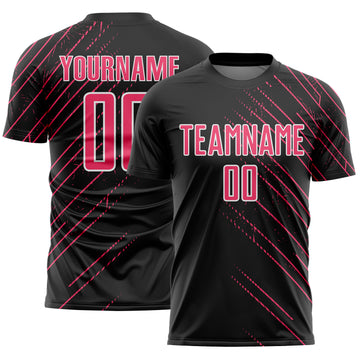 Custom Black Neon Pink-White Lines Sports Sublimation Soccer Uniform Jersey