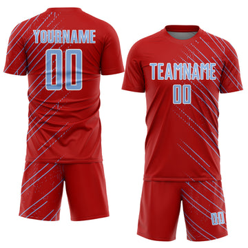 Custom Red Light Blue-White Lines Sports Sublimation Soccer Uniform Jersey