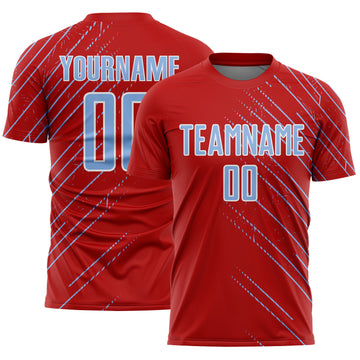 Custom Red Light Blue-White Lines Sports Sublimation Soccer Uniform Jersey