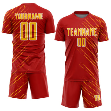 Custom Red Gold-White Lines Sports Sublimation Soccer Uniform Jersey