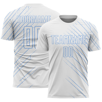 Custom White Light Blue Lines Sports Sublimation Soccer Uniform Jersey