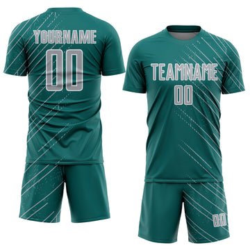 Custom Teal Gray-White Lines Sports Sublimation Soccer Uniform Jersey