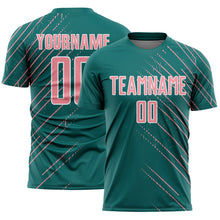 Загрузить изображение в средство просмотра галереи, Custom Teal Medium Pink-White Lines Sports Sublimation Soccer Uniform Jersey
