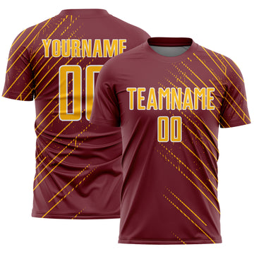 Custom Burgundy Gold-White Lines Sports Sublimation Soccer Uniform Jersey