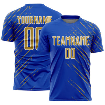 Custom Thunder Blue Old Gold-White Lines Sports Sublimation Soccer Uniform Jersey