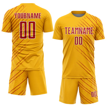 Custom Gold Red-White Lines Sports Sublimation Soccer Uniform Jersey