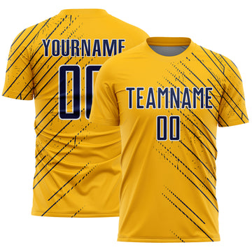 Custom Gold Navy-White Lines Sports Sublimation Soccer Uniform Jersey
