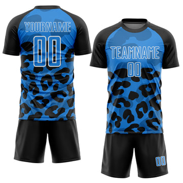 Custom Black Powder Blue-White Animal Leopard Print Sports Sublimation Soccer Uniform Jersey