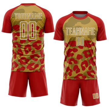 Custom Red Old Gold-White Animal Leopard Print Sports Sublimation Soccer Uniform Jersey