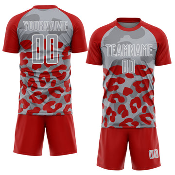 Custom Red Gray-White Animal Leopard Print Sports Sublimation Soccer Uniform Jersey