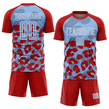 Custom Red Light Blue-White Animal Leopard Print Sports Sublimation Soccer Uniform Jersey
