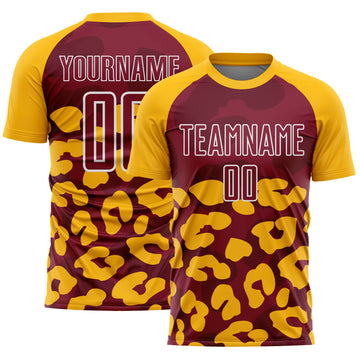 Custom Gold Crimson-White Animal Leopard Print Sports Sublimation Soccer Uniform Jersey